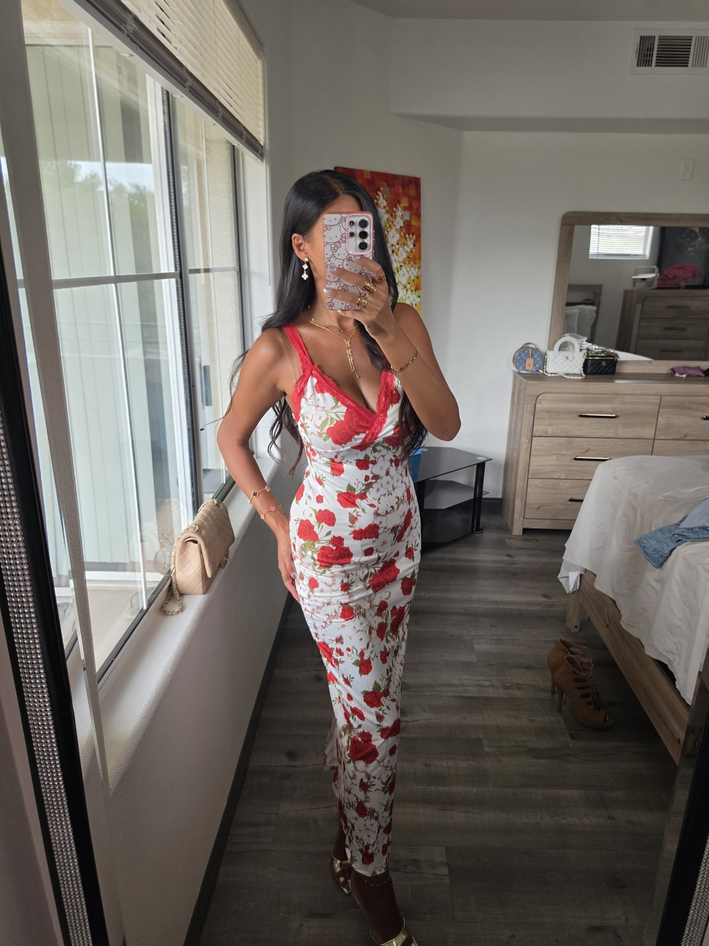 Red Floral Lace-Trim Maxi Dress for Women Mermaid Stretchy